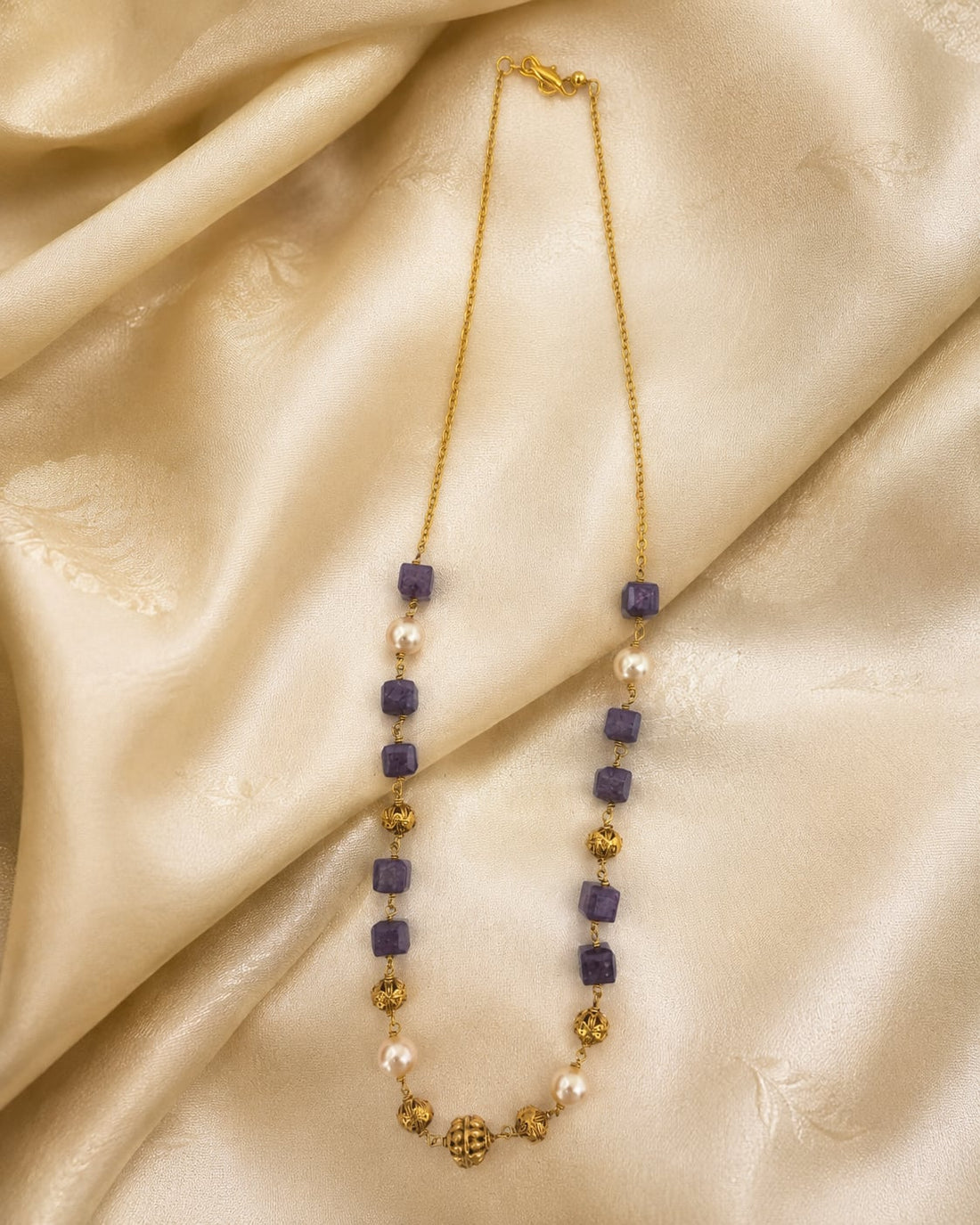 FeelOri Deep Plum Cube Bead and Pearl-Look Necklace styled with premium Indian textile