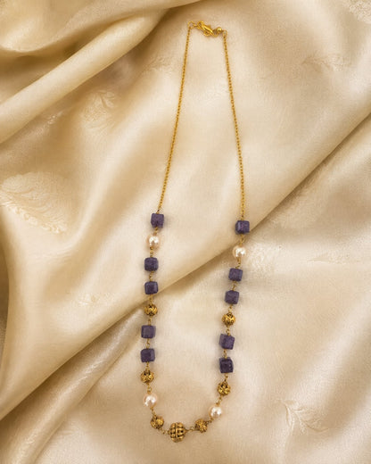 FeelOri Deep Plum Cube Bead and Pearl-Look Necklace styled with premium Indian textile