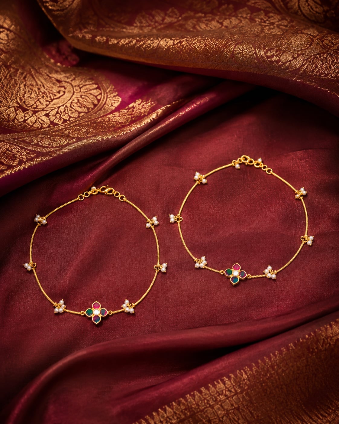 FeelOri pearl station floral jadau kundan payal anklets listed as a pair of anklets styled with saree fabric