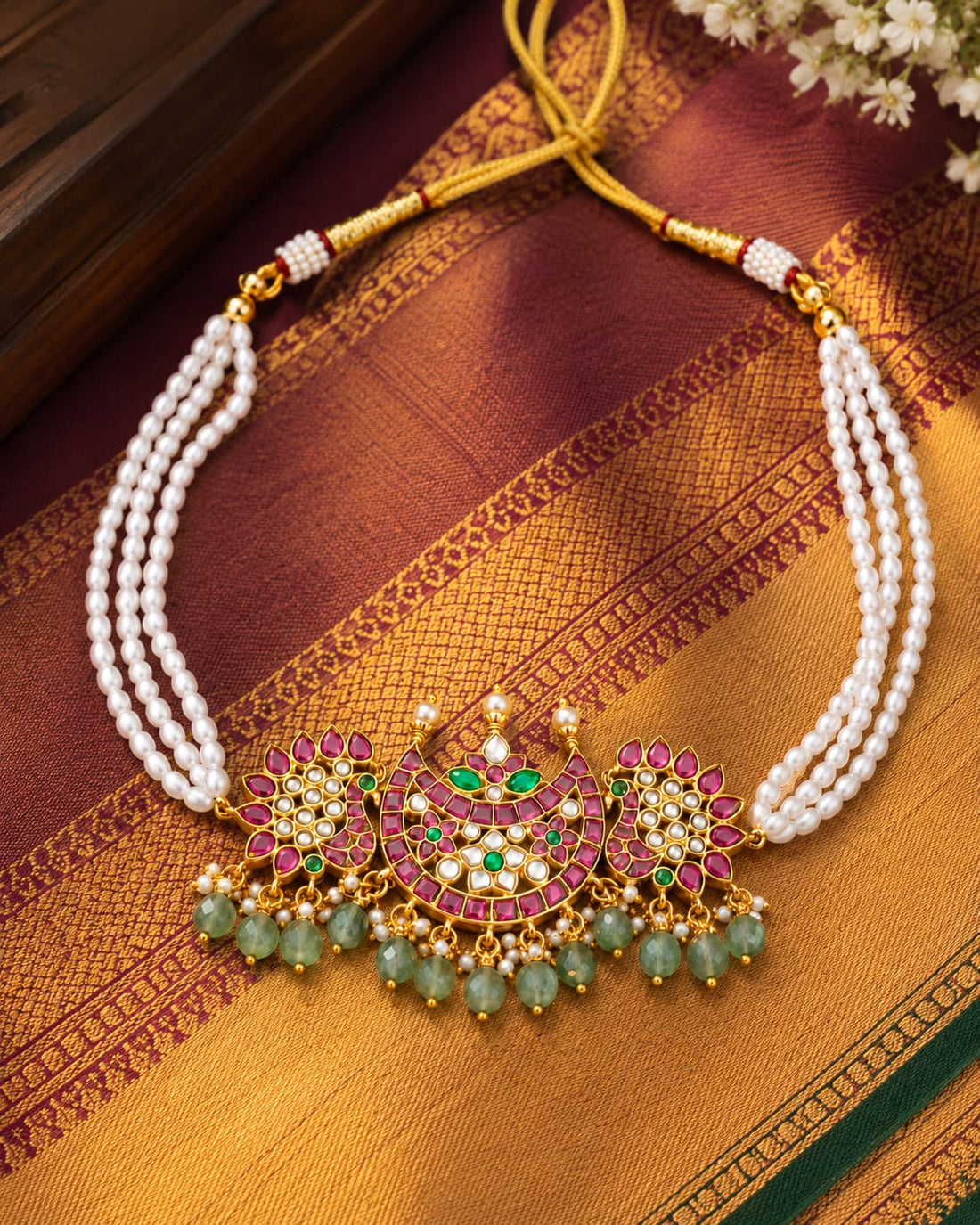 FeelOri pearl strand floral jadau kundan choker necklace close-up of kundan stones and jadau work