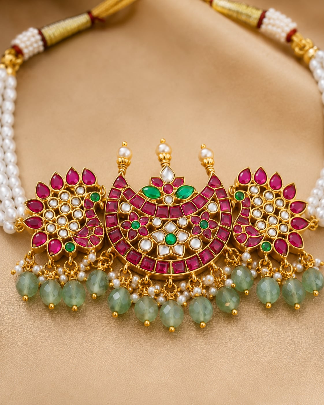 FeelOri pearl strand floral jadau kundan choker necklace styled with saree fabric