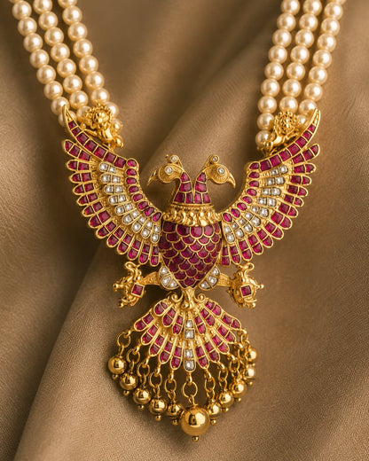 FeelOri pearl strand peacock jadau kundan long haram necklace close-up of kundan stones and jadau work