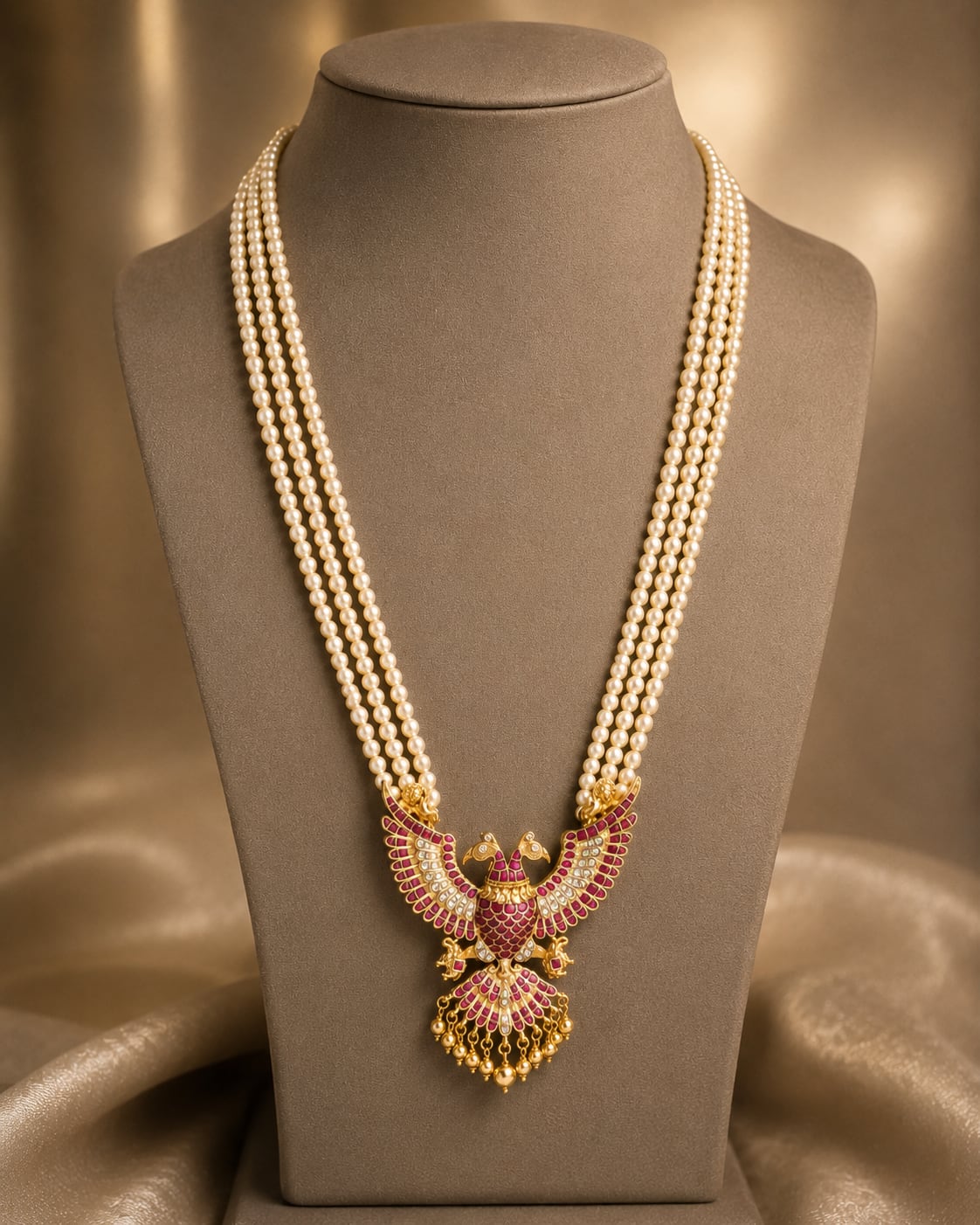 FeelOri pearl strand peacock jadau kundan long haram necklace for pattu saree styling
