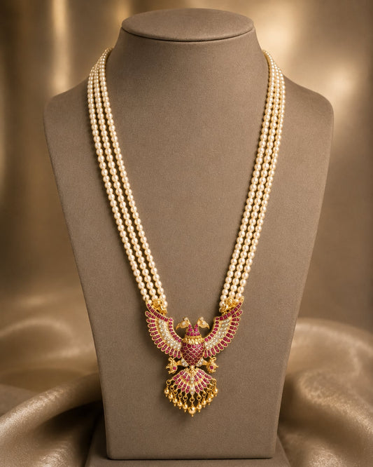 FeelOri pearl strand peacock jadau kundan long haram necklace for pattu saree styling