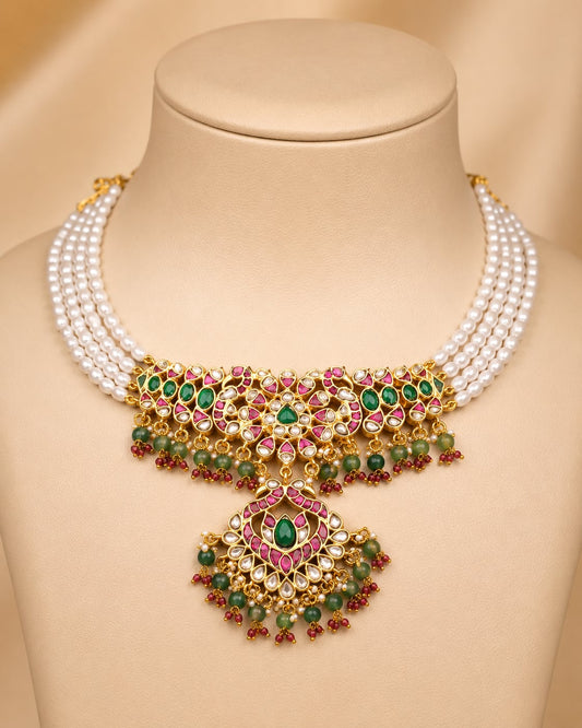 FeelOri pearl strand pendant jadau kundan choker necklace for pattu saree styling