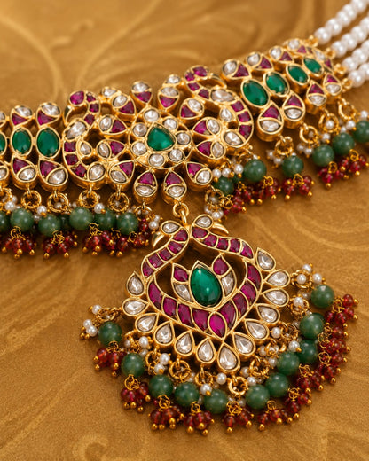 FeelOri pearl strand pendant jadau kundan choker necklace styled with saree fabric