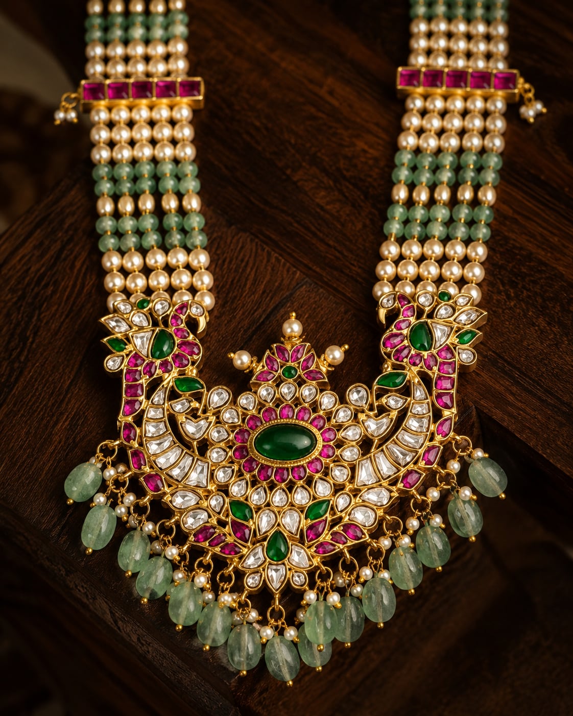 FeelOri pearl strand pendant jadau kundan long haram necklace close-up of kundan stones and jadau work