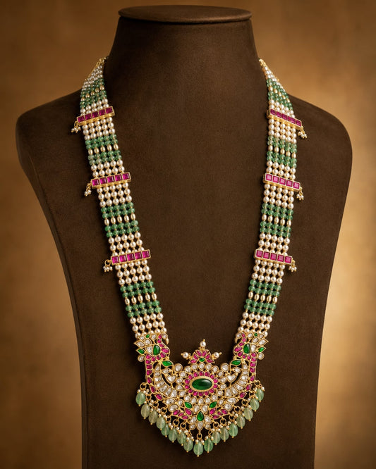 FeelOri pearl strand pendant jadau kundan long haram necklace for pattu saree styling