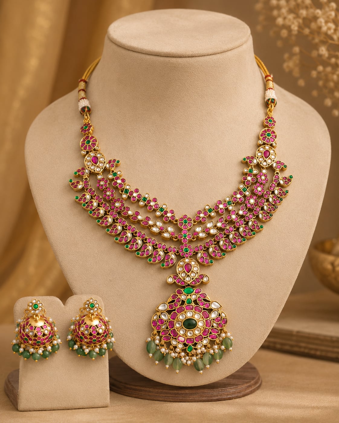 FeelOri pink floral pendant jadau kundan necklace set with matching earrings for pattu saree styling