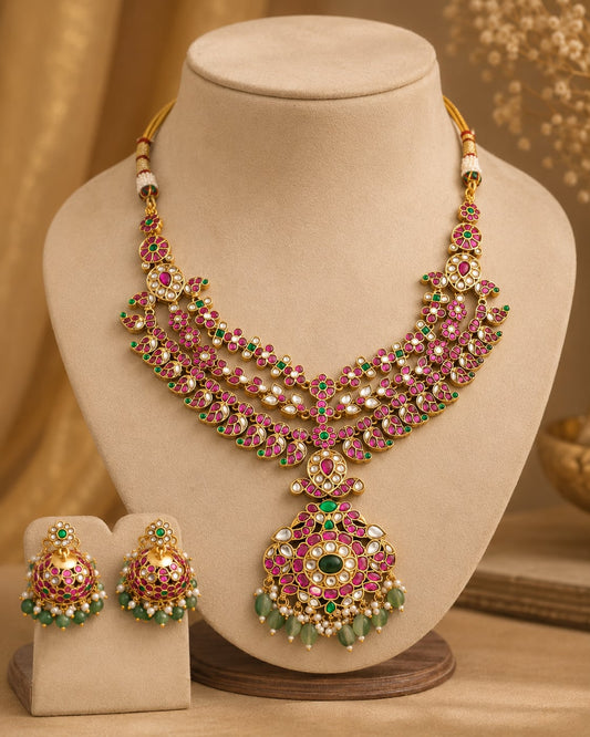 FeelOri pink floral pendant jadau kundan necklace set with matching earrings for pattu saree styling