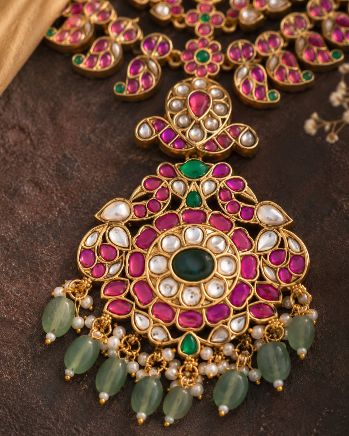 FeelOri pink floral pendant jadau kundan necklace set with matching earrings styled with saree fabric