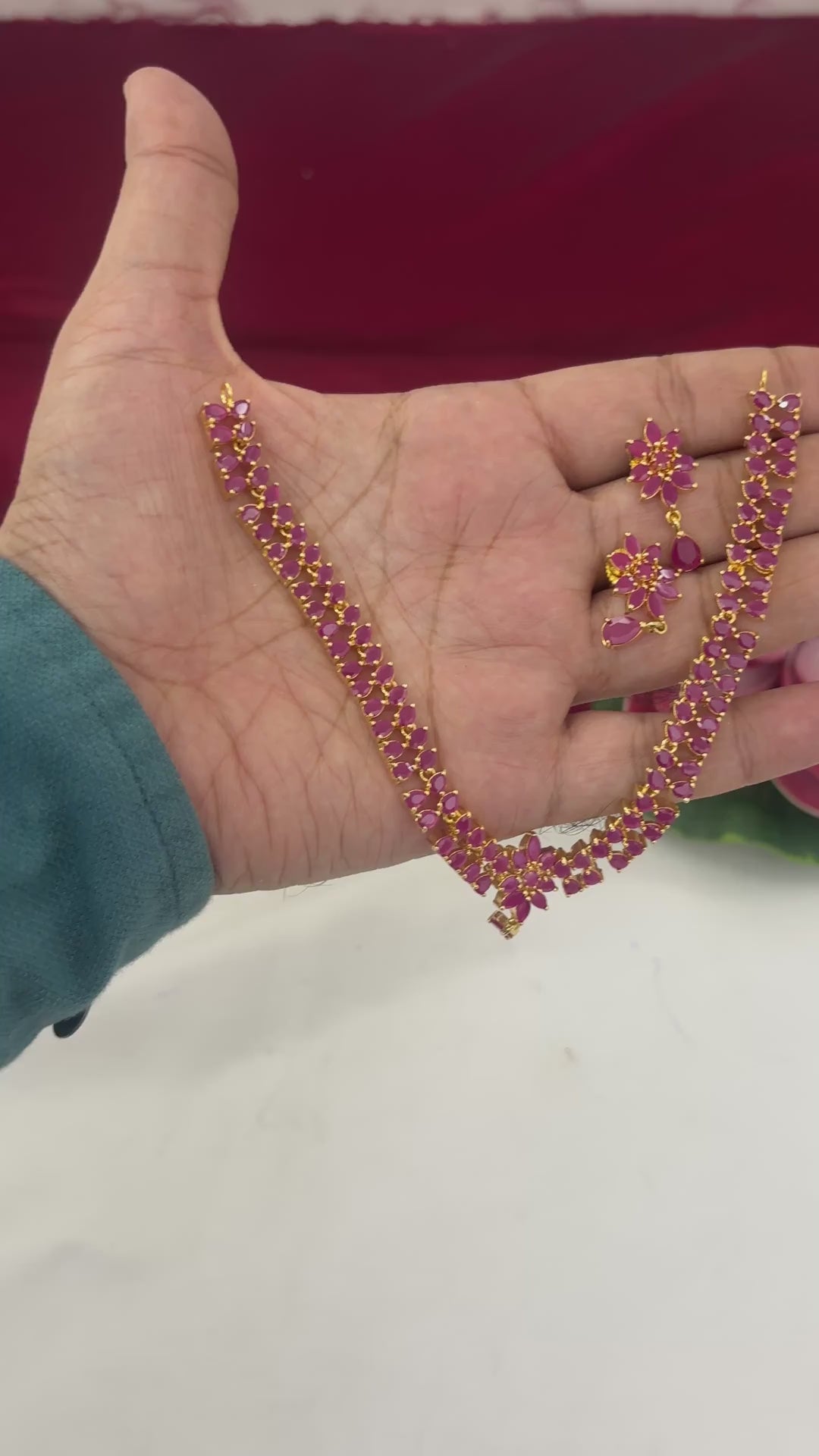 Video of FeelOri Ruby CZ Short Necklace Set for South Indian Sarees with matching earrings, SKU FN109.