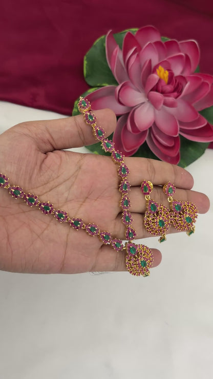 Video of FeelOri Tamil Heritage Necklace Set with ruby- and emerald-tone stones and matching earrings, SKU FN68.