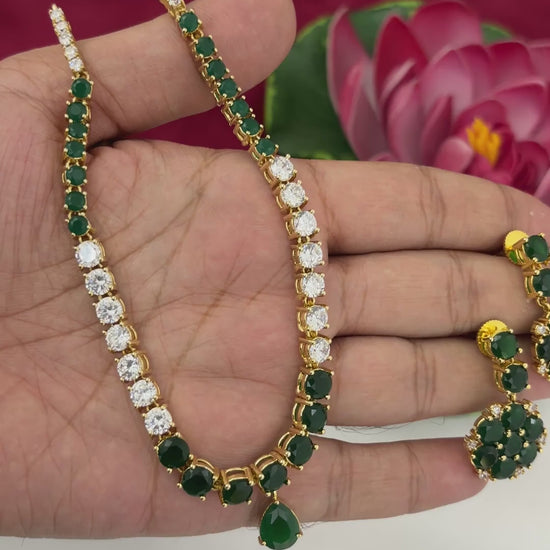 Video of FeelOri Mayur Emerald AD Short Necklace Set with matching earrings, SKU FN62.