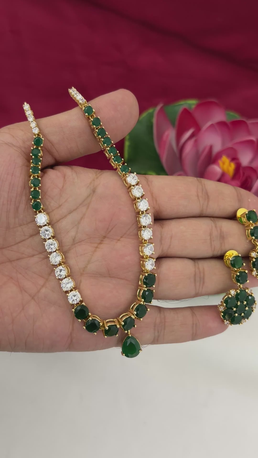 Video of FeelOri Mayur Emerald AD Short Necklace Set with matching earrings, SKU FN62.