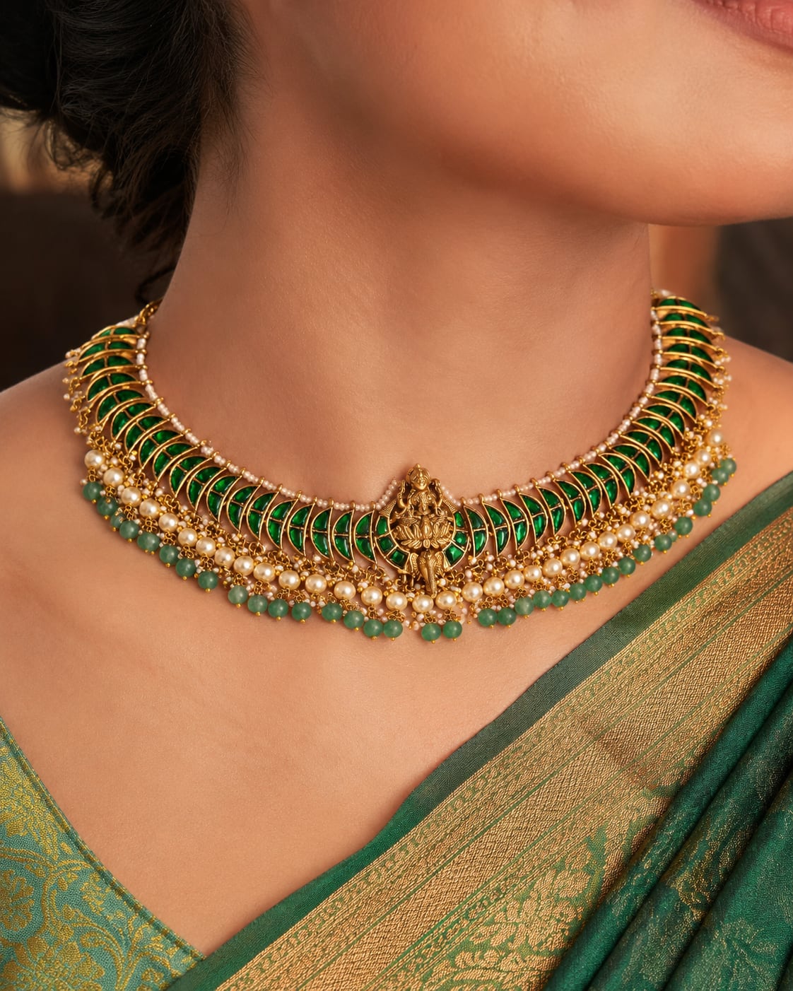 FeelOri real kempu jadau necklace styled with pattu saree blouse for Indian occasion wear