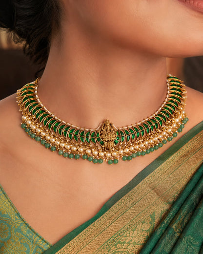 FeelOri real kempu jadau necklace styled with pattu saree blouse for Indian occasion wear