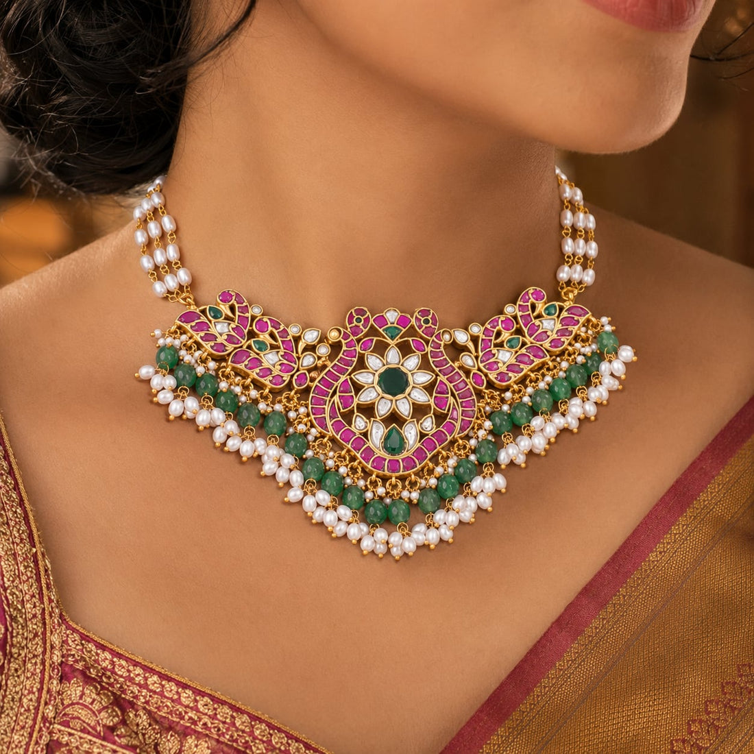 FeelOri real kempu jadau choker necklace styled with pattu saree blouse for Indian occasion wear