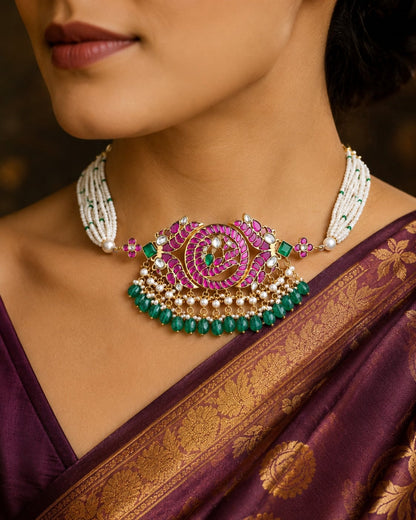 FeelOri real kempu jadau choker necklace styled with pattu saree blouse for Indian occasion wear