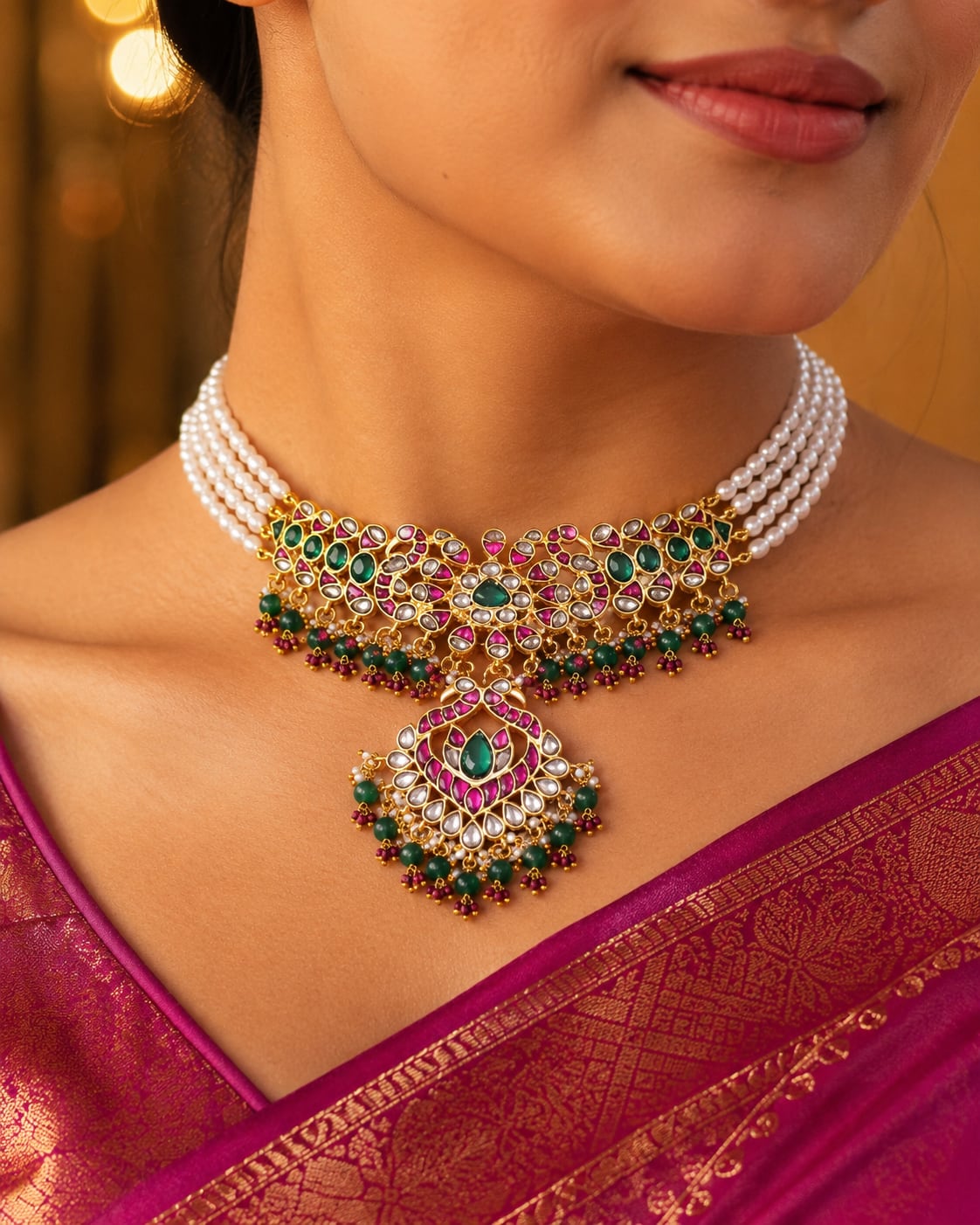 FeelOri real kempu jadau choker necklace styled with pattu saree blouse for Indian occasion wear