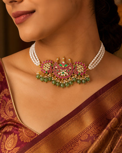 FeelOri real kempu jadau choker necklace styled with pattu saree blouse for Indian occasion wear