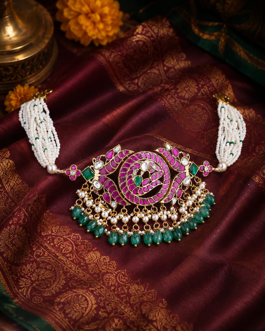 FeelOri real kempu jadau choker necklace styled with saree fabric for Indian occasion wear