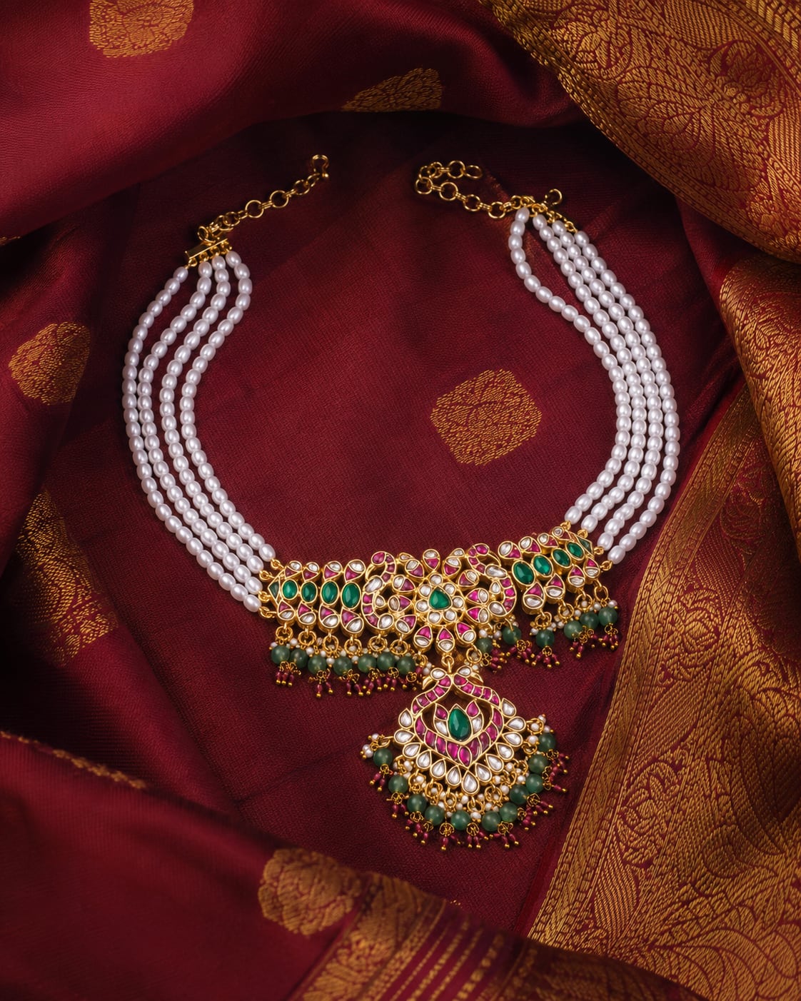 FeelOri real kempu jadau choker necklace styled with saree fabric for Indian occasion wear