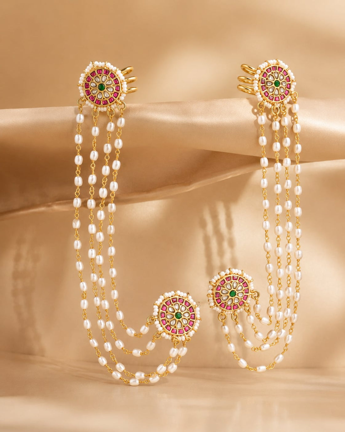 FeelOri real kempu jadau earrings styled with saree fabric for Indian occasion wear