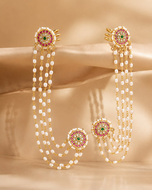FeelOri jadau kundan earrings styled with saree fabric for Indian occasion wear