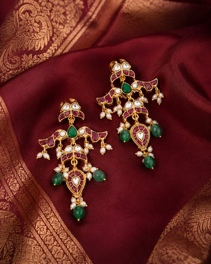 FeelOri real kempu jadau earrings styled with saree fabric for Indian occasion wear