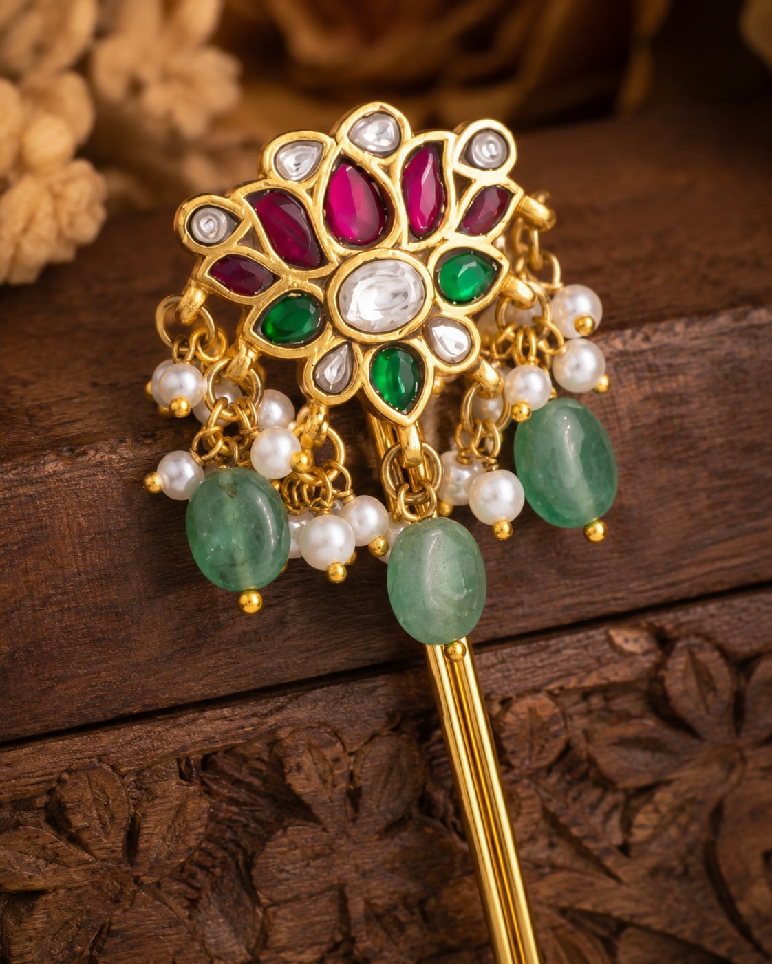 FeelOri jadau kundan hair pin gold-polished detail