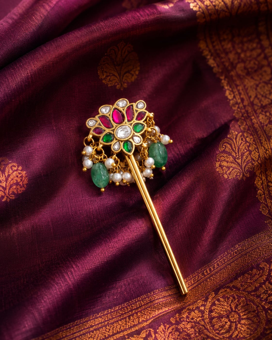 FeelOri jadau kundan hair pin styled with saree fabric for Indian occasion wear