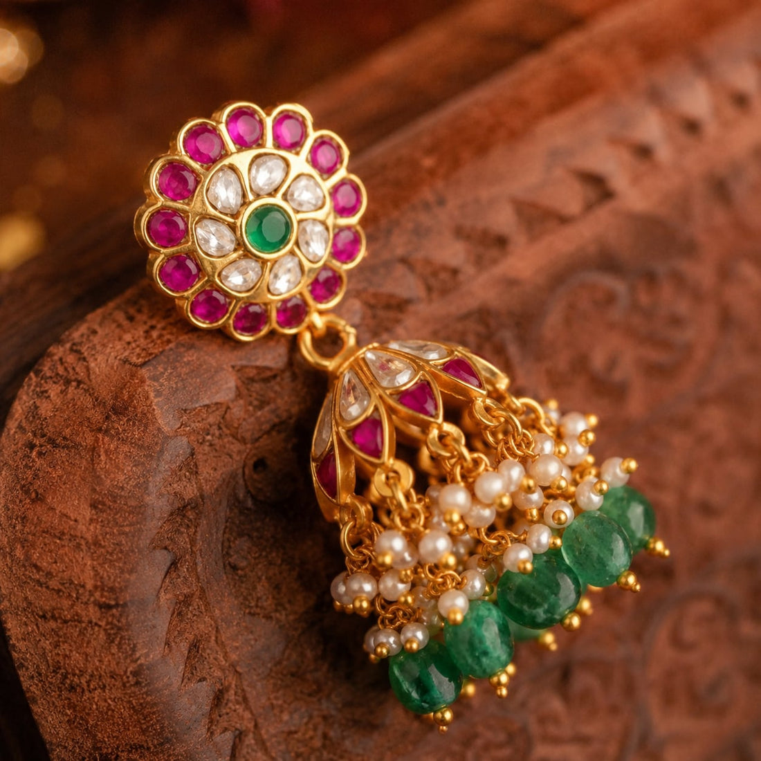 FeelOri real kempu jadau jhumka earrings stone setting and gold-polished detail