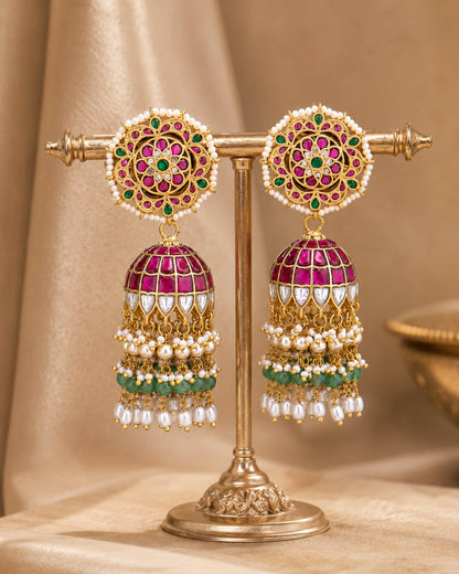 FeelOri real kempu jadau jhumka earrings on jewellery display