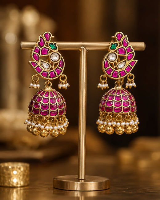 FeelOri Real Kempu Jadau Oval Top Jhumka Earrings for Festive Looks