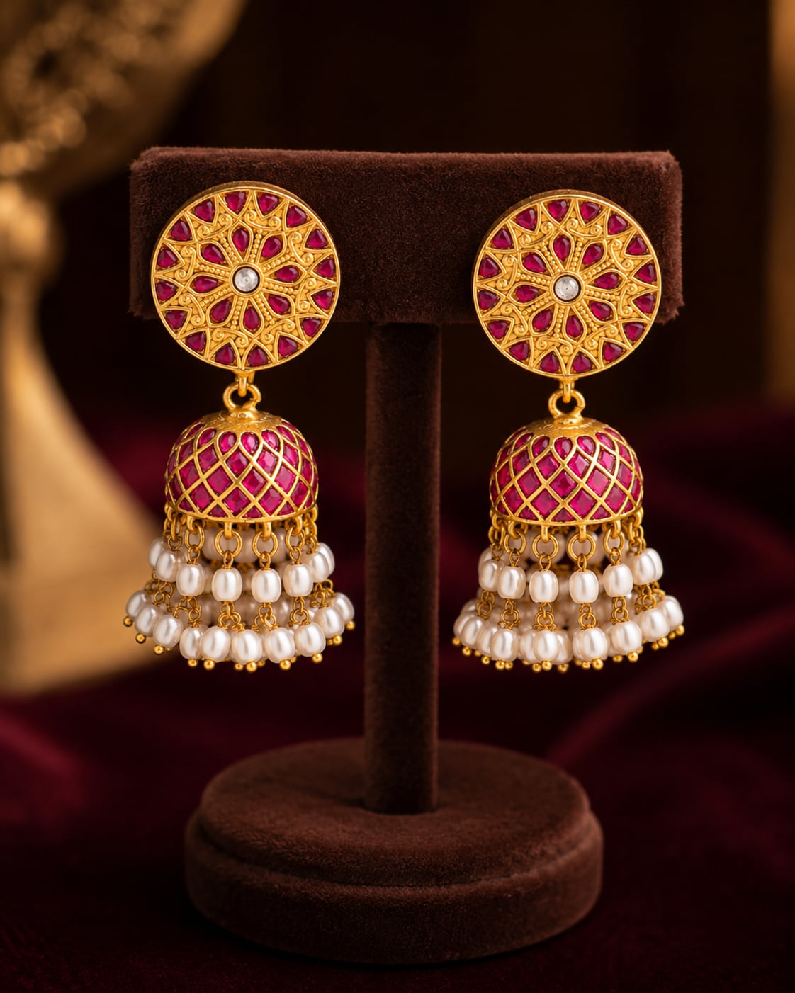 FeelOri real kempu jadau jhumka earrings on jewellery display