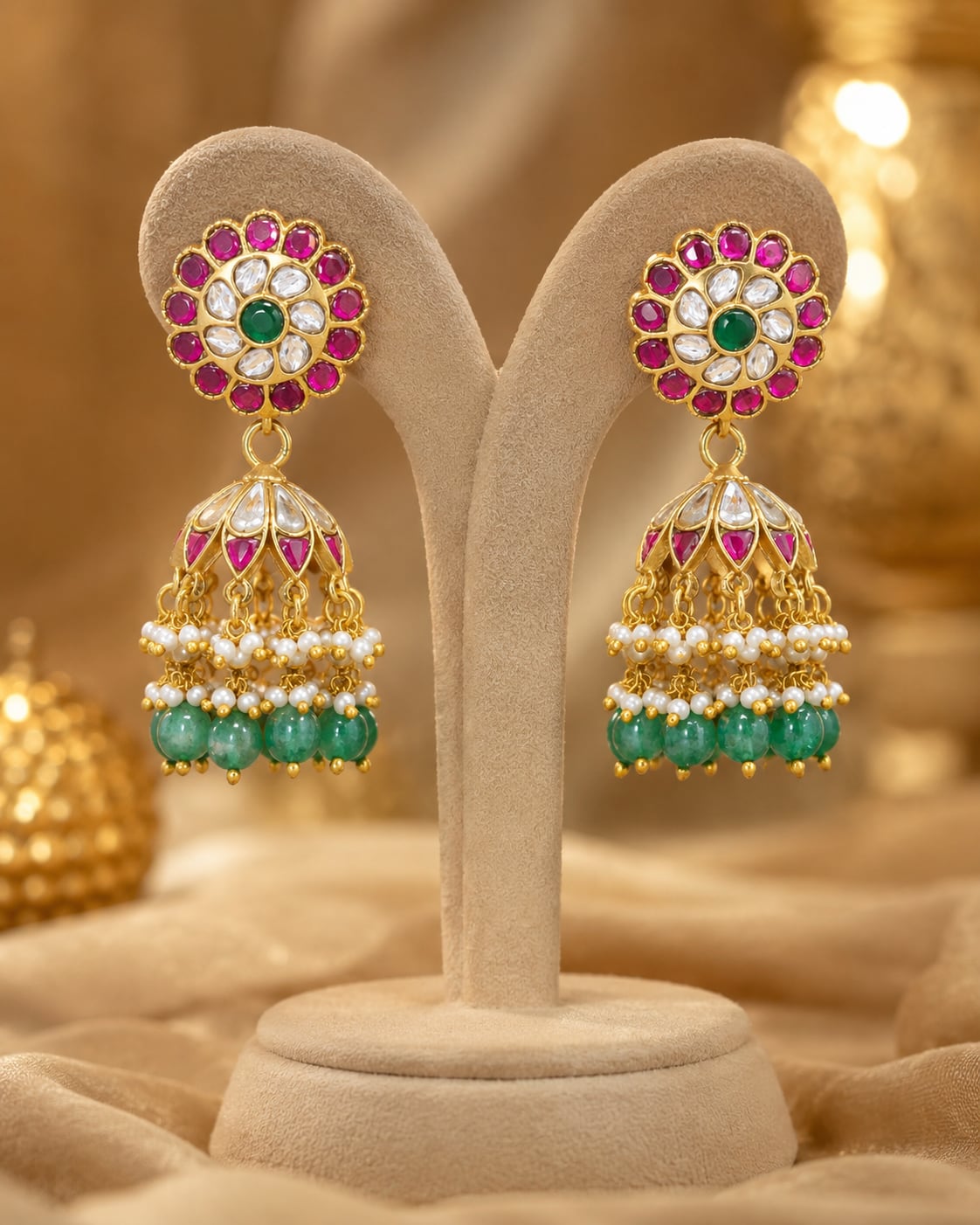 FeelOri real kempu jadau jhumka earrings on jewellery display