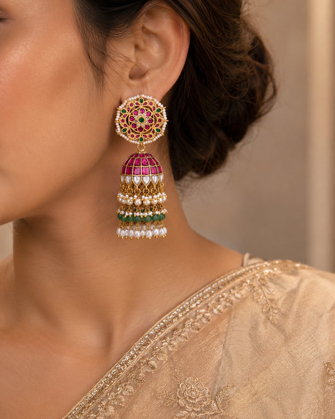 FeelOri real kempu jadau jhumka earrings styled with Indian occasion wear