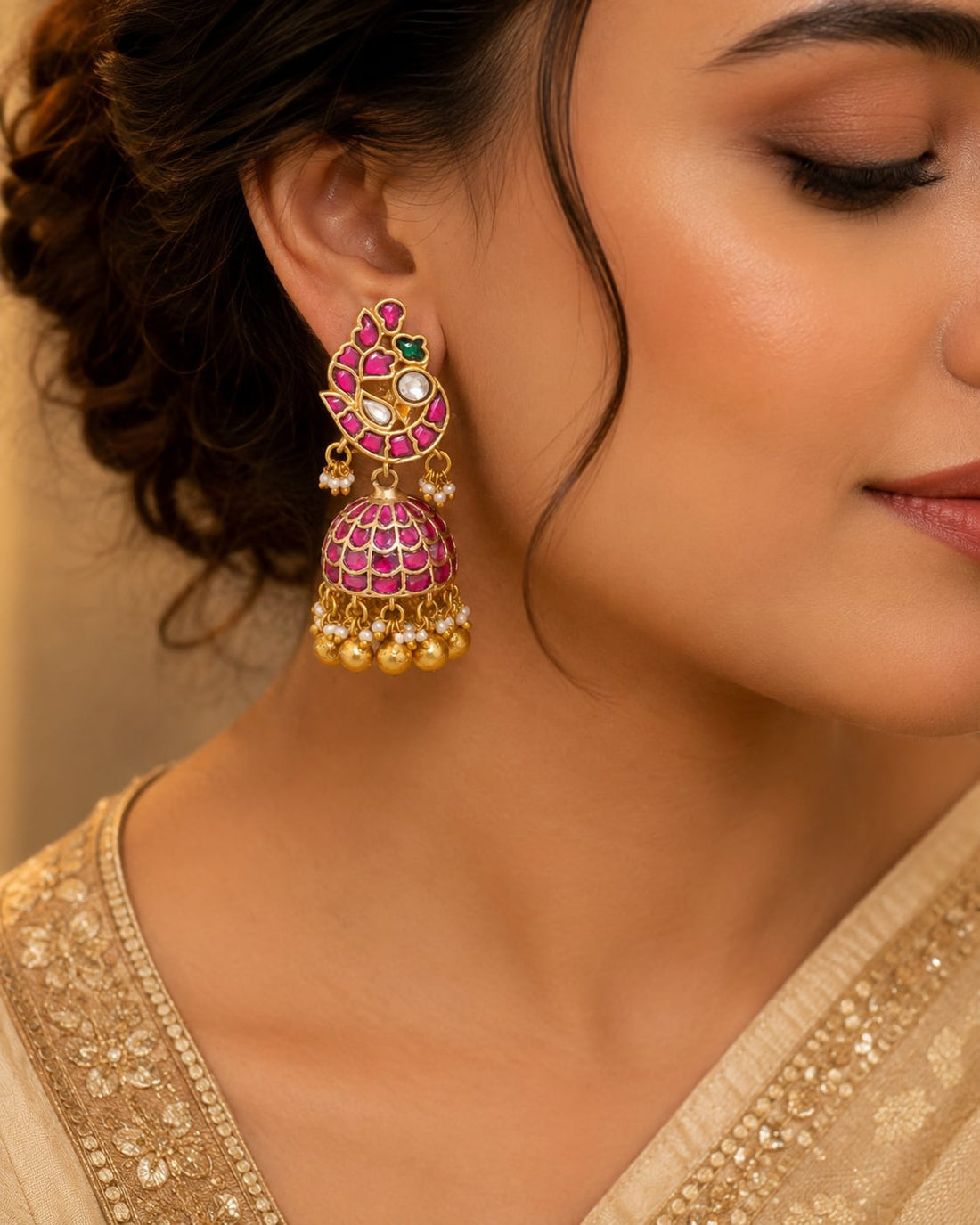 FeelOri real kempu jadau jhumka earrings styled with Indian occasion wear
