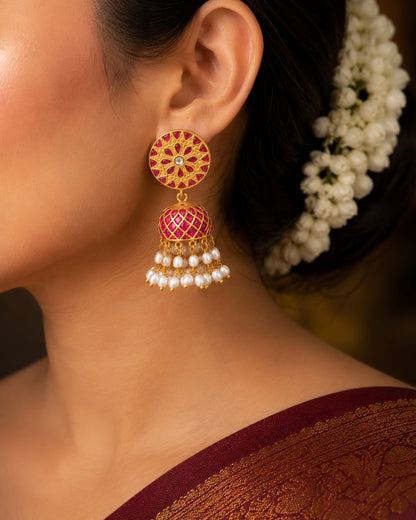 FeelOri real kempu jadau jhumka earrings styled with Indian occasion wear