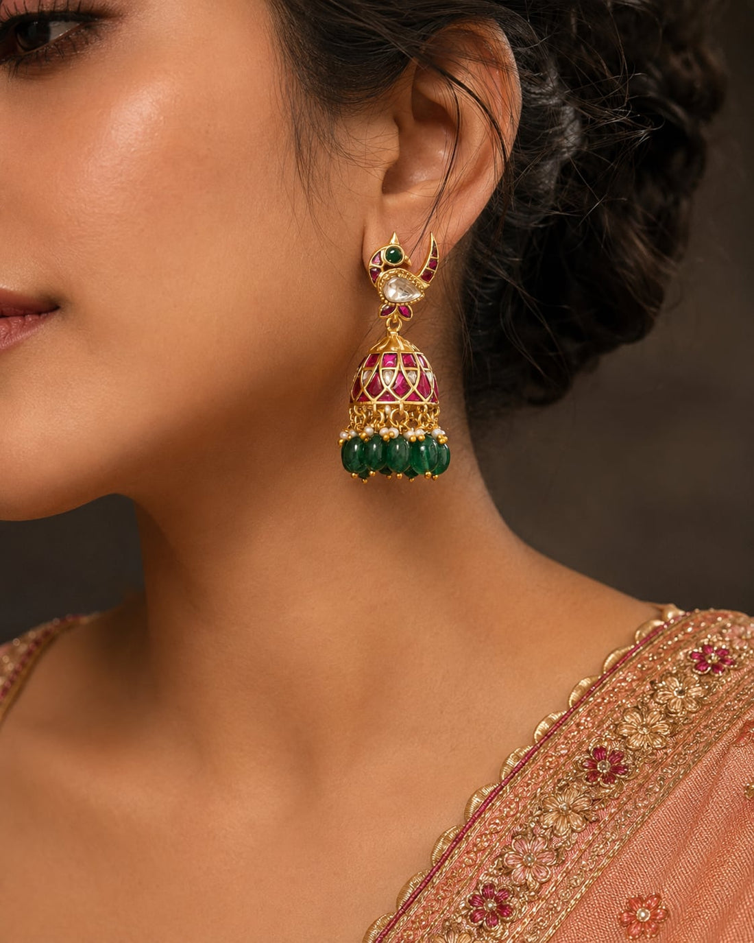 FeelOri real kempu jadau jhumka earrings styled with Indian occasion wear