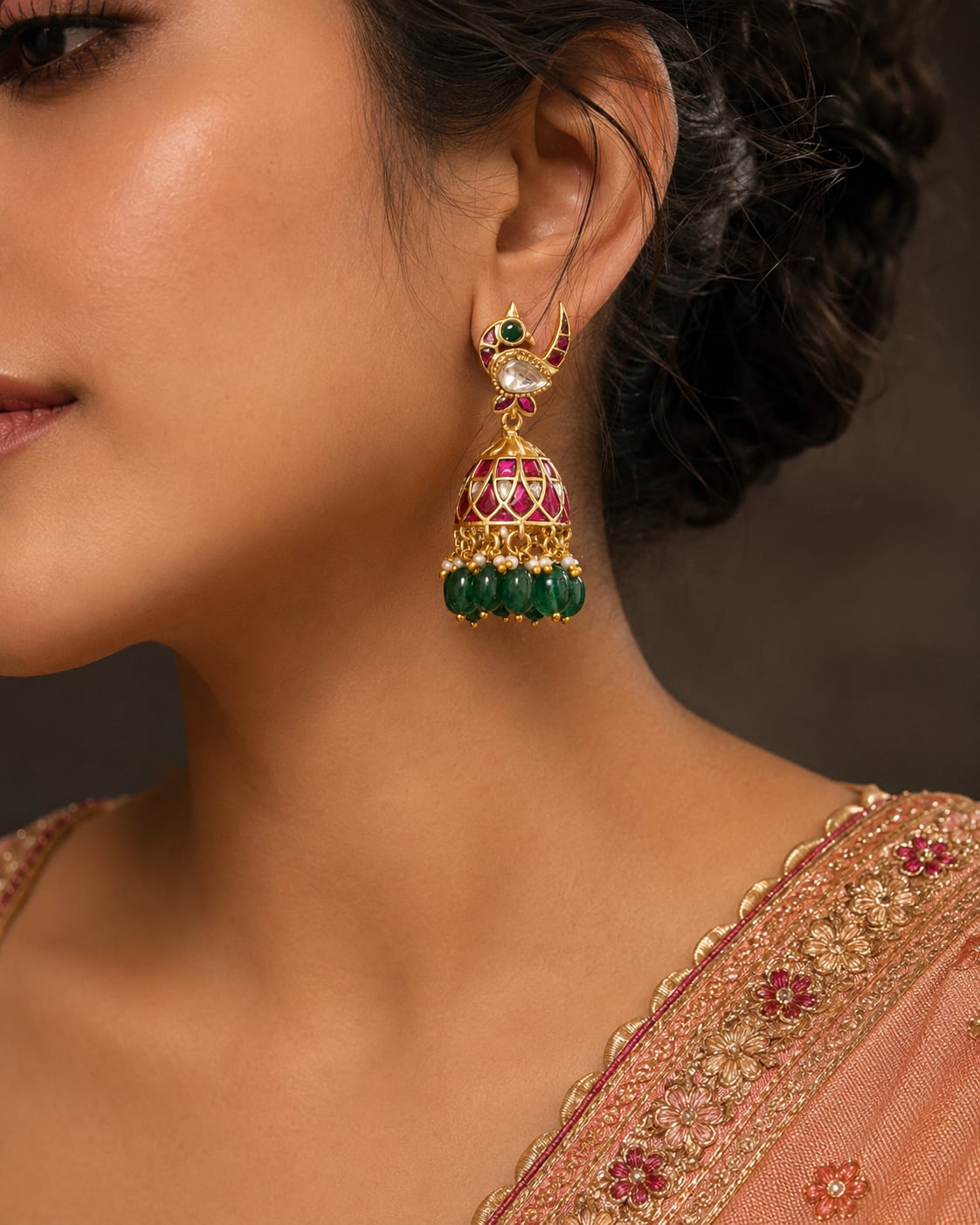 FeelOri real kempu jadau jhumka earrings styled with Indian occasion wear