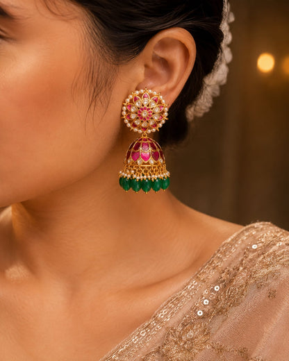 FeelOri real kempu jadau jhumka earrings styled with Indian occasion wear