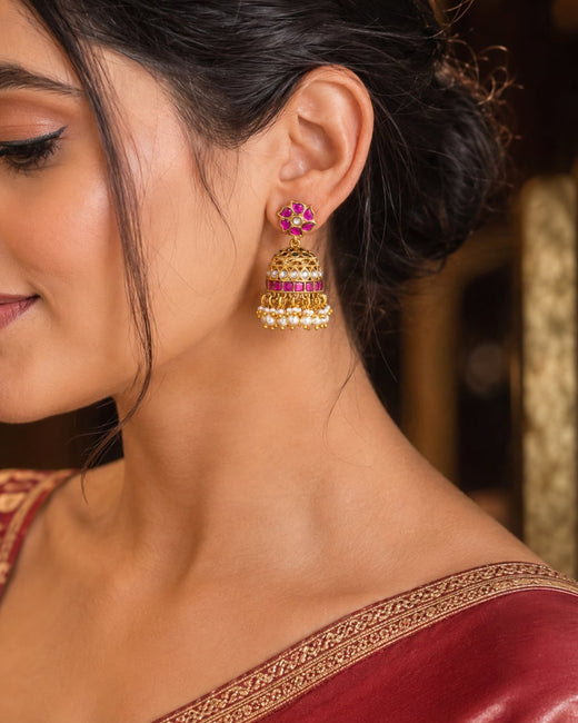 FeelOri jadau kundan jhumka earrings styled with Indian occasion wear