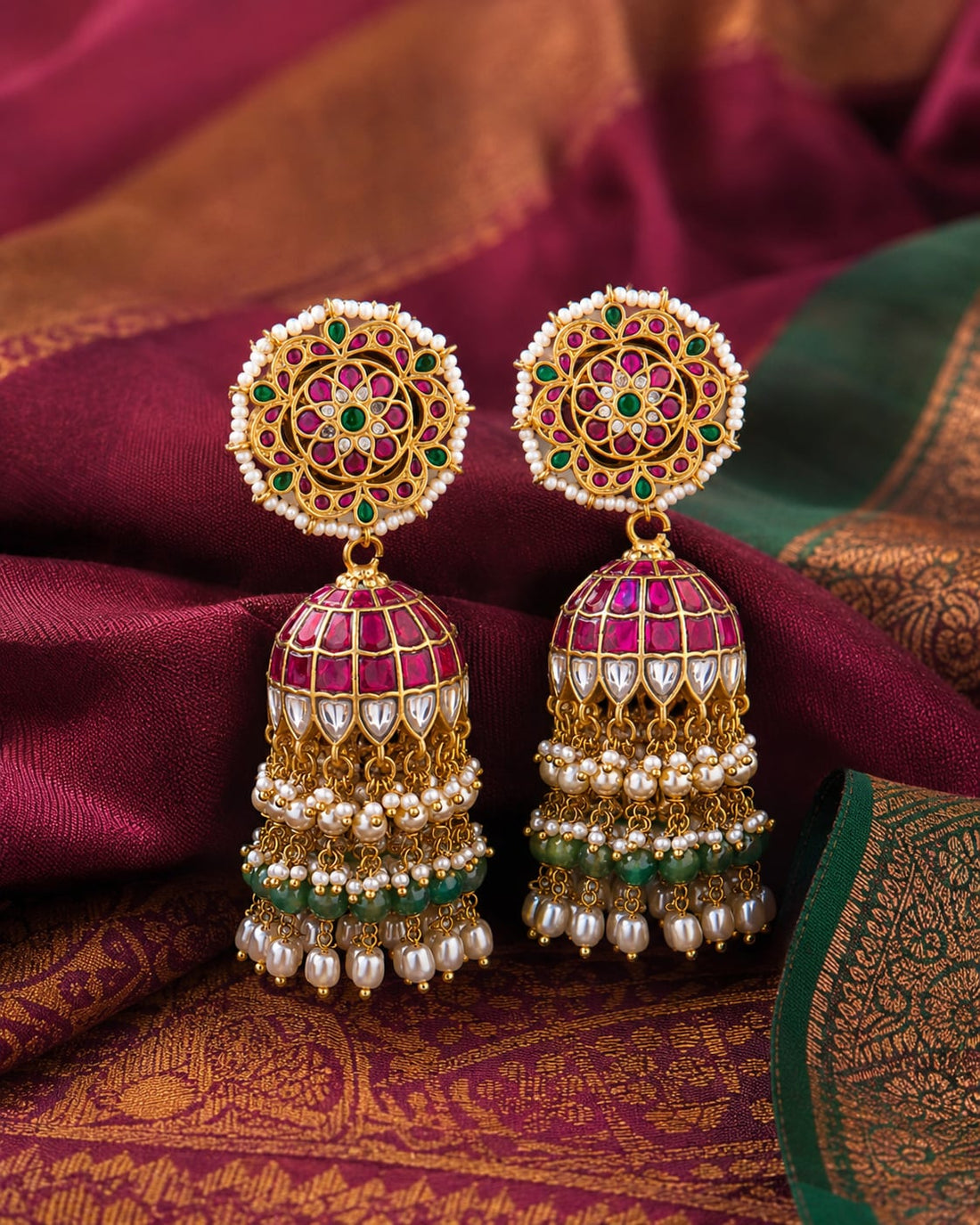 FeelOri real kempu jadau jhumka earrings styled with saree fabric for Indian occasion wear