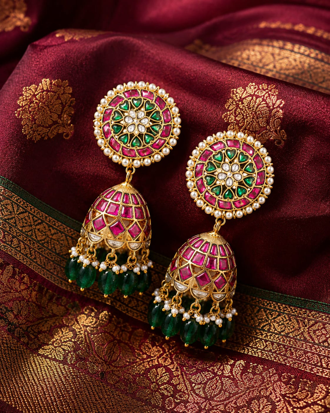 FeelOri real kempu jadau jhumka earrings styled with saree fabric for Indian occasion wear