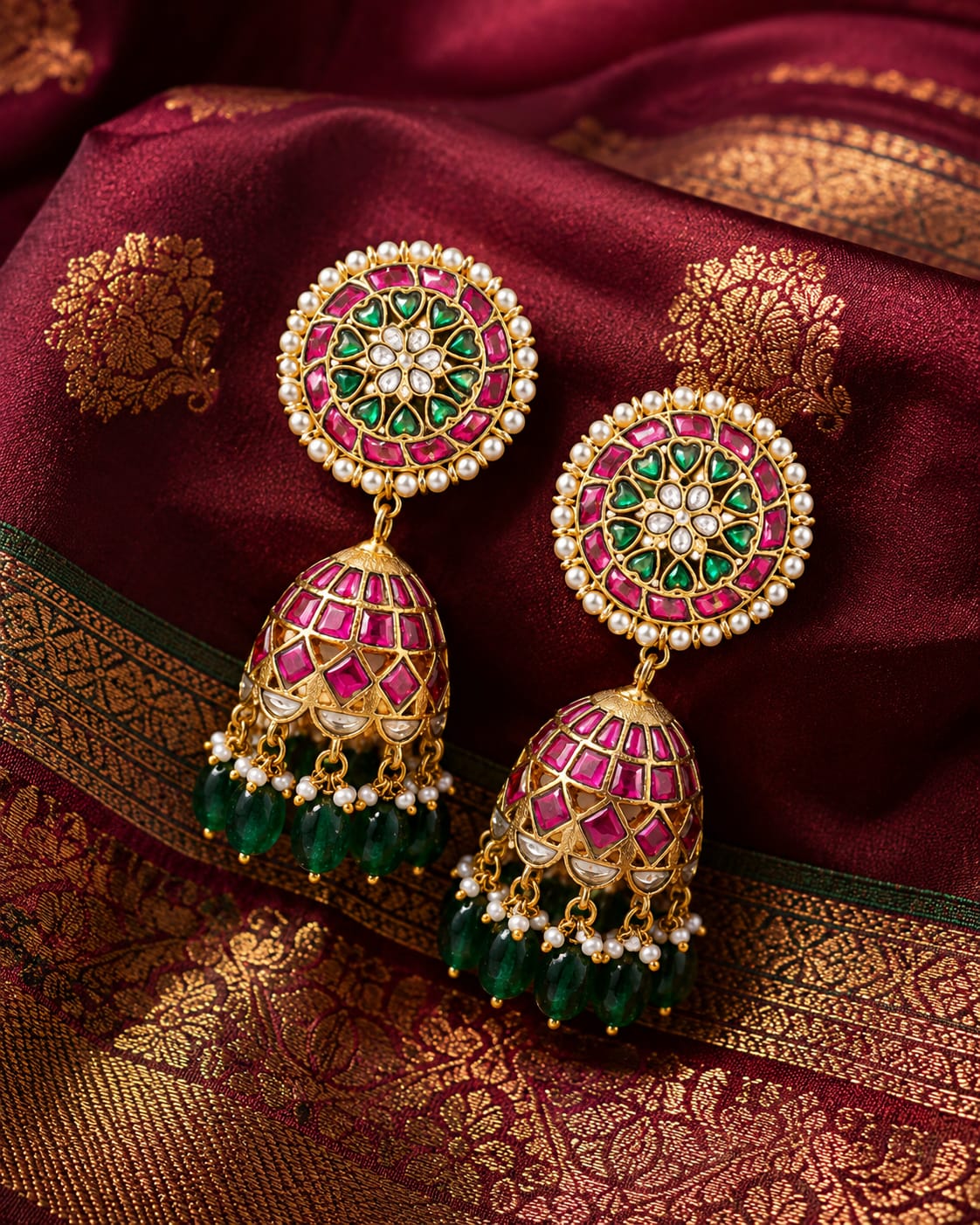 FeelOri real kempu jadau jhumka earrings styled with saree fabric for Indian occasion wear