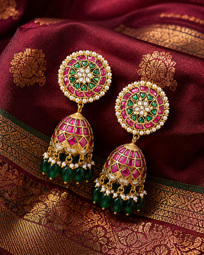 FeelOri real kempu jadau jhumka earrings styled with saree fabric for Indian occasion wear