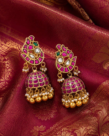 FeelOri real kempu jadau jhumka earrings styled with saree fabric for Indian occasion wear