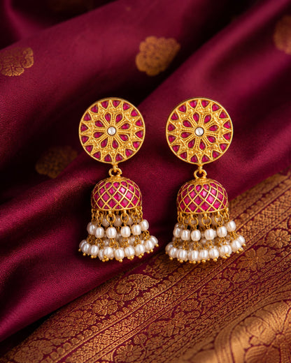 FeelOri real kempu jadau jhumka earrings styled with saree fabric for Indian occasion wear